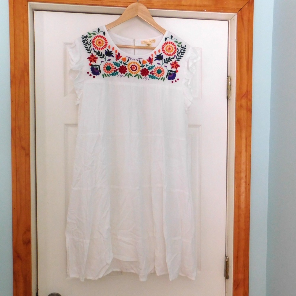 Vtg Studio West White Gauze Dress Embroidered Cap Sleeve Baby Doll Y2K Sz Large
